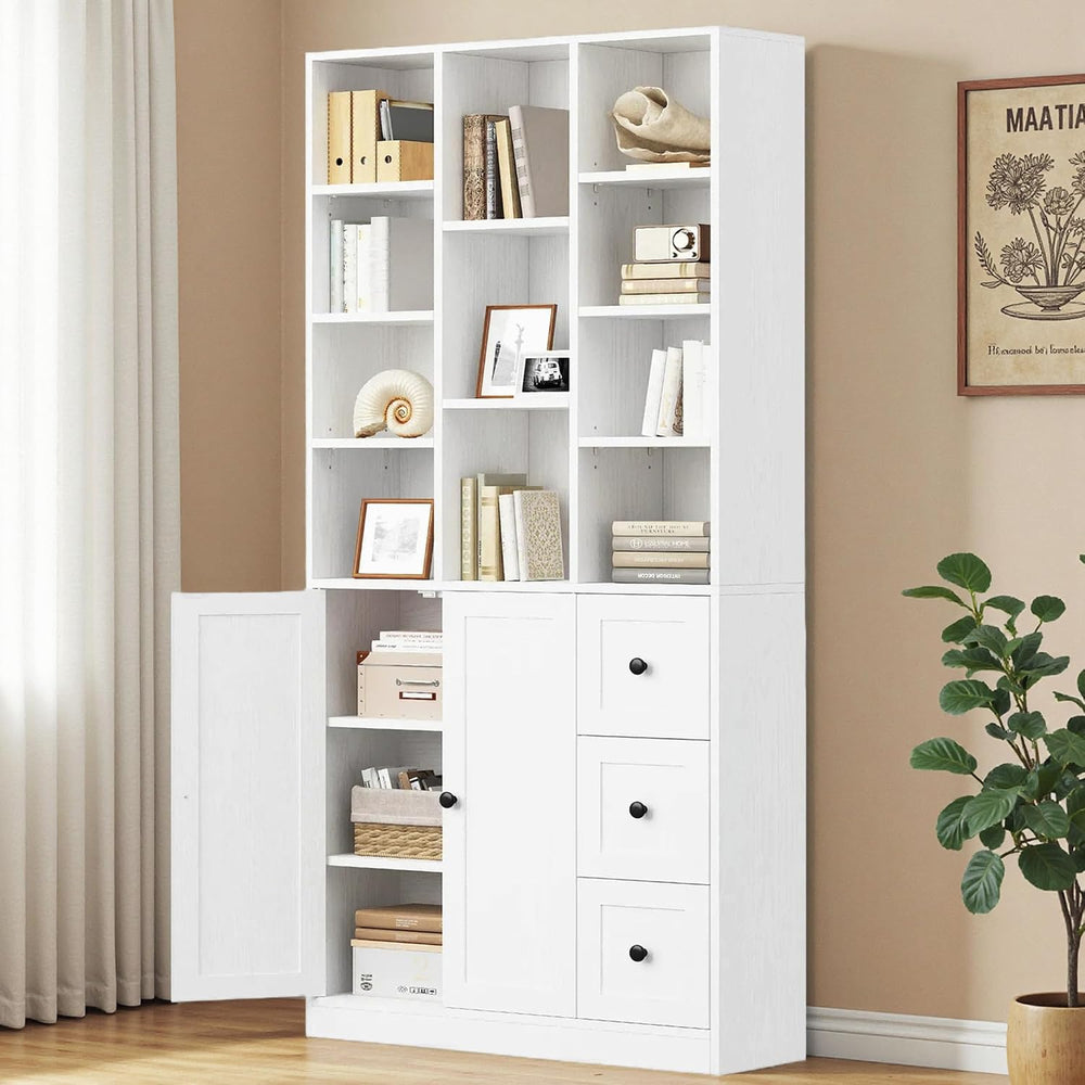 IRONCK Bookshelf with 2 Doors and 3 Drawers, 71" Storage Bookcase, White