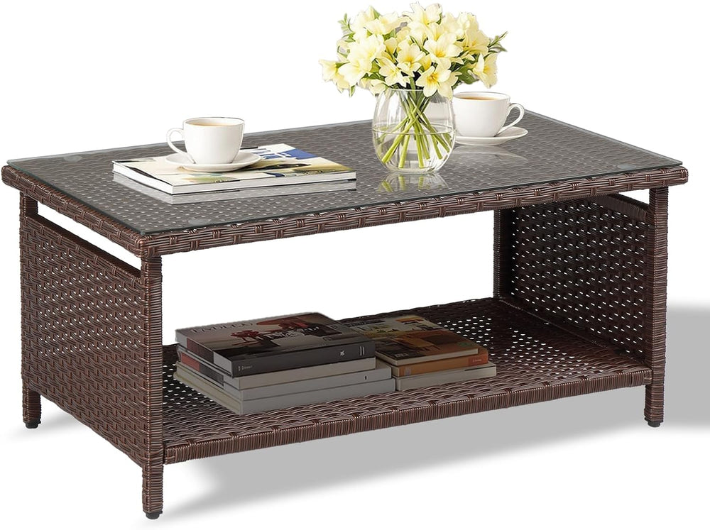 VINGLI Outdoor Wicker CoffeeTable Patio Coffee Tables for Outside, Tempered G...