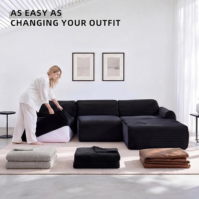 Modular Floor Sofa, Cozy Corduroy Sectional Couch with Fully Washable Covers, Frameless L Shaped Couch for Living Room, Family & Pet Friendly Lounge, No Assembly (Black, Right Facing Chaise)