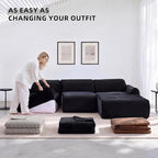 Modular Floor Sofa, Cozy Corduroy Sectional Couch with Fully Washable Covers, Frameless L Shaped Couch for Living Room, Family & Pet Friendly Lounge, No Assembly (Black, Right Facing Chaise)