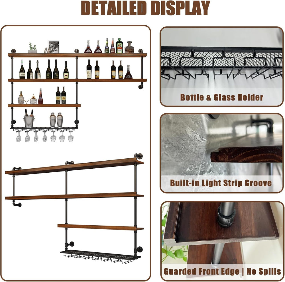 Solid Wood LED Wall Mounted Wine Rack (51.2 in/ 130CM) | 4 Tiers Liquor Bottl...
