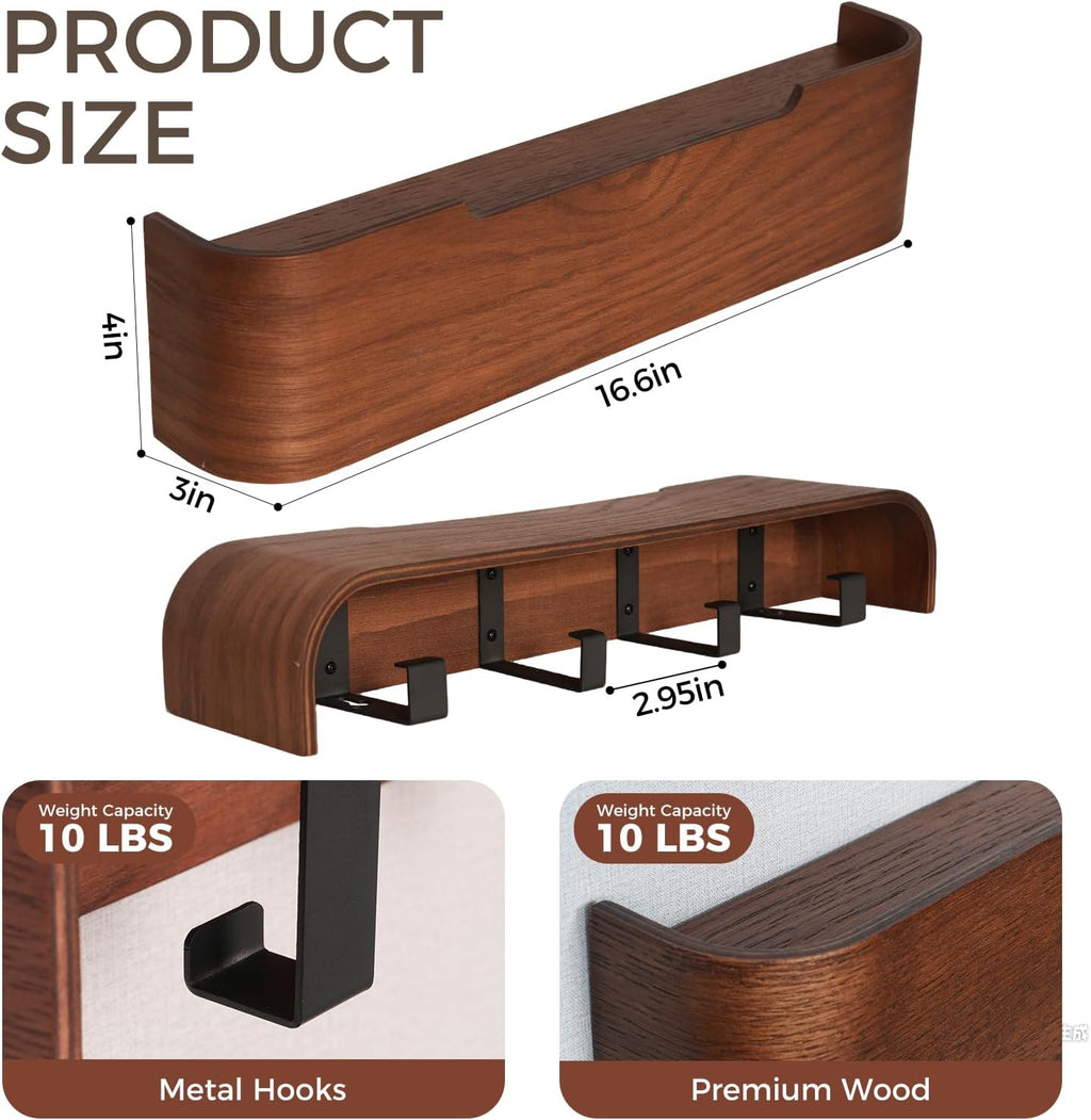 Wall Coat Rack Floating Shelves Modern Coat Rack Wall Mount with Storage Entryway Shelf Wooden Hanger 20 Inch 4 Hidden Metal Hooks for Living Room Bedroom (Walnut Color, 4 Hooks)