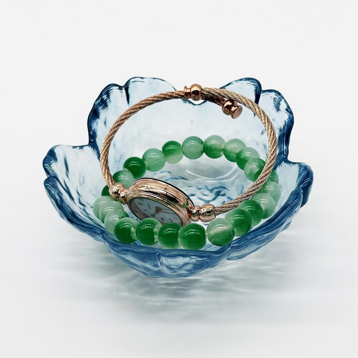 Flower Ring Dish Jewelry Tray, Glass Jewelry Dish Tray, Aesthetic Room Decor Small Trinket Dish, Nightstand Jewlery Ring Holder Dish, Bathroom Jewelry Plate Bowl for Rings Earrings Wife Gift (Blue)