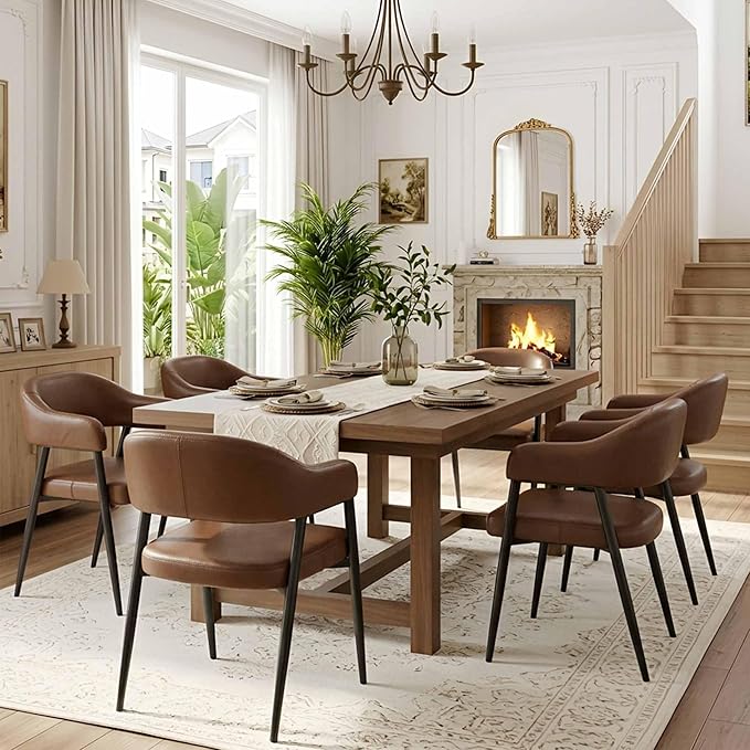 HNY Modern Dining Room Arm Chairs Set of 6, Retro Faux Leather Upholstered Ba...