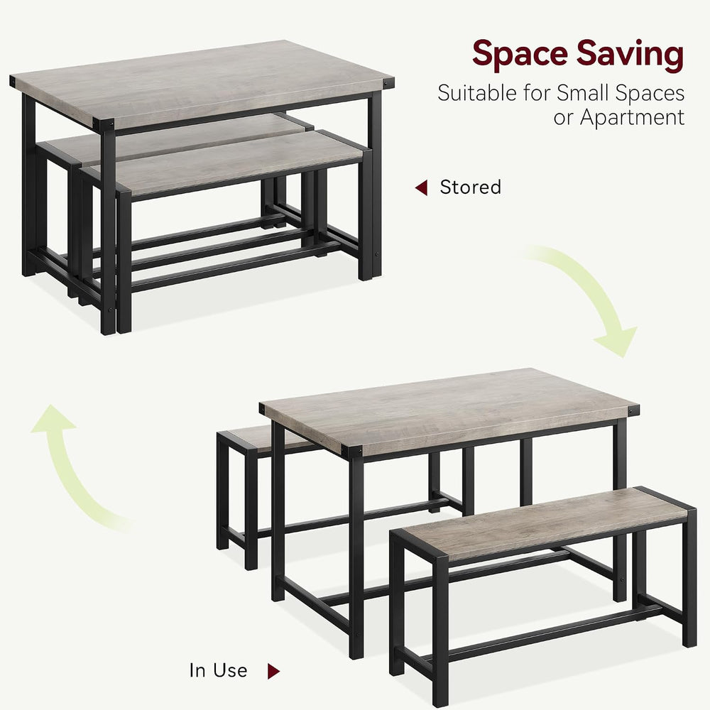 Dining Table Set for 4 with 2 Benches, 3-Piece Kitchen Table Set, Space-Savin...