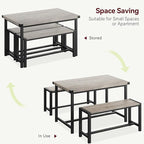 Dining Table Set for 4 with 2 Benches, 3-Piece Kitchen Table Set, Space-Saving Dining Set for Kitchen, Dining Room, Gray