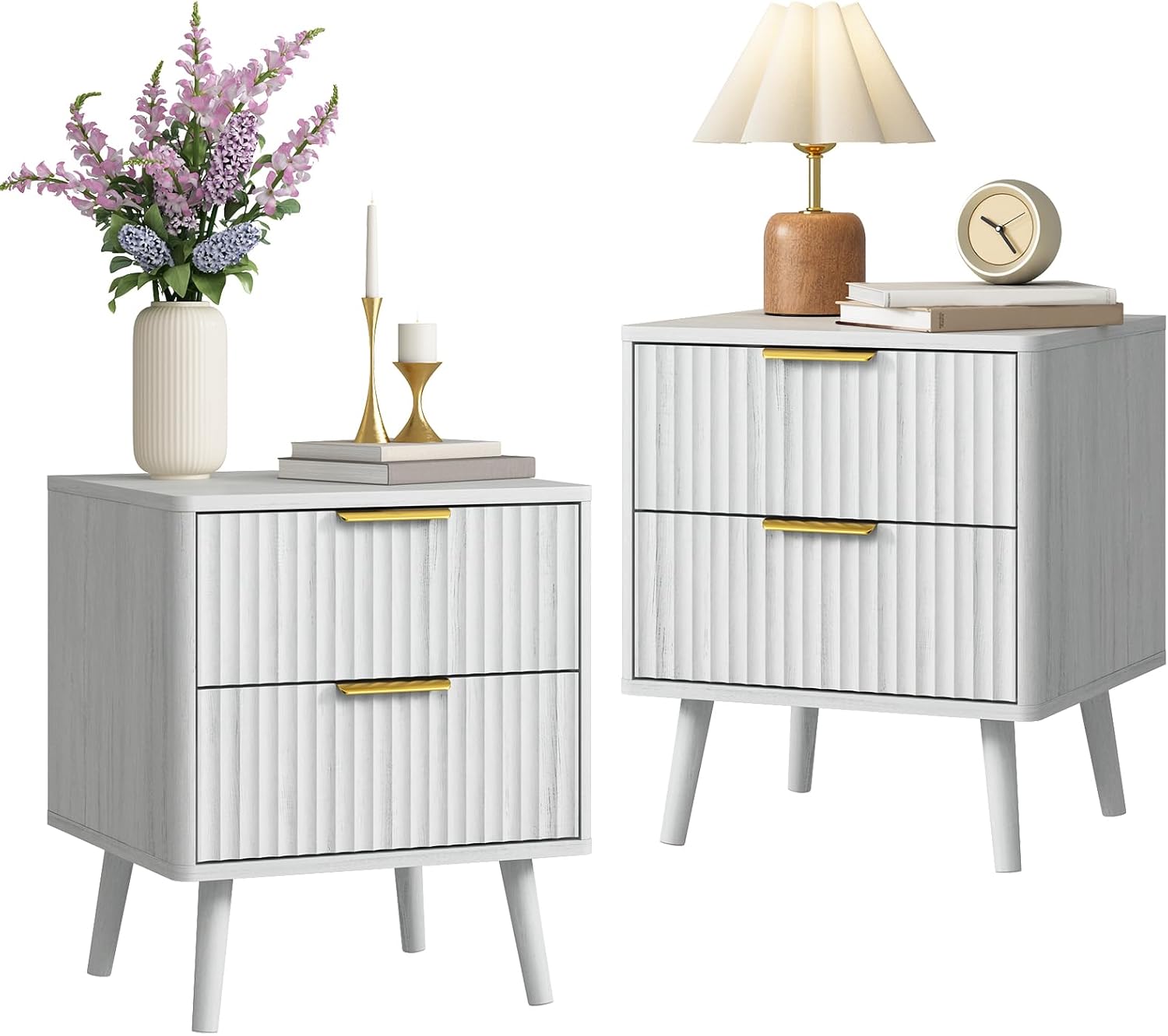 CARPETNAL Fluted Nightstand Set of 2, White Bedside Table with 2 Drawers and Gold Handles, Wood End Table Mid Century Night Stands for Bedroom Living Room