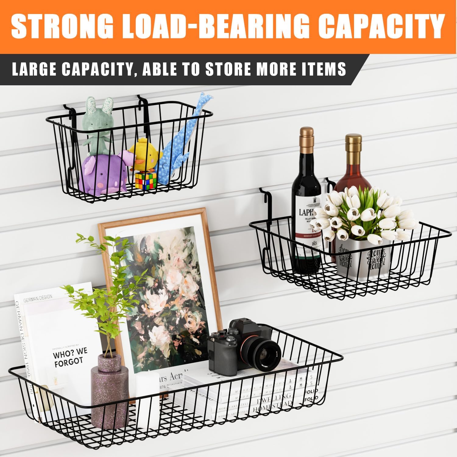 11.8" L x 5.9" D x 5.9"H - 6 pcs Black Wire Baskets for GridWall and SlatWall - Merchandiser Baskets,Grid wall Shelves Hanging Wire Basket Multi Function Storage Organizer