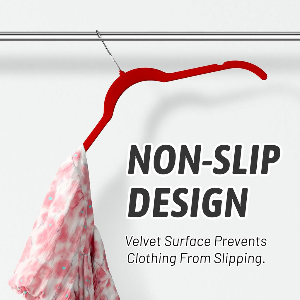 Velvet Hangers 50 Pack – Slim Non-Slip Flocked Hangers with 360° Swivel Hook, Space-Saving Closet Organizer for Dresses, Blouses, Coats(Red)