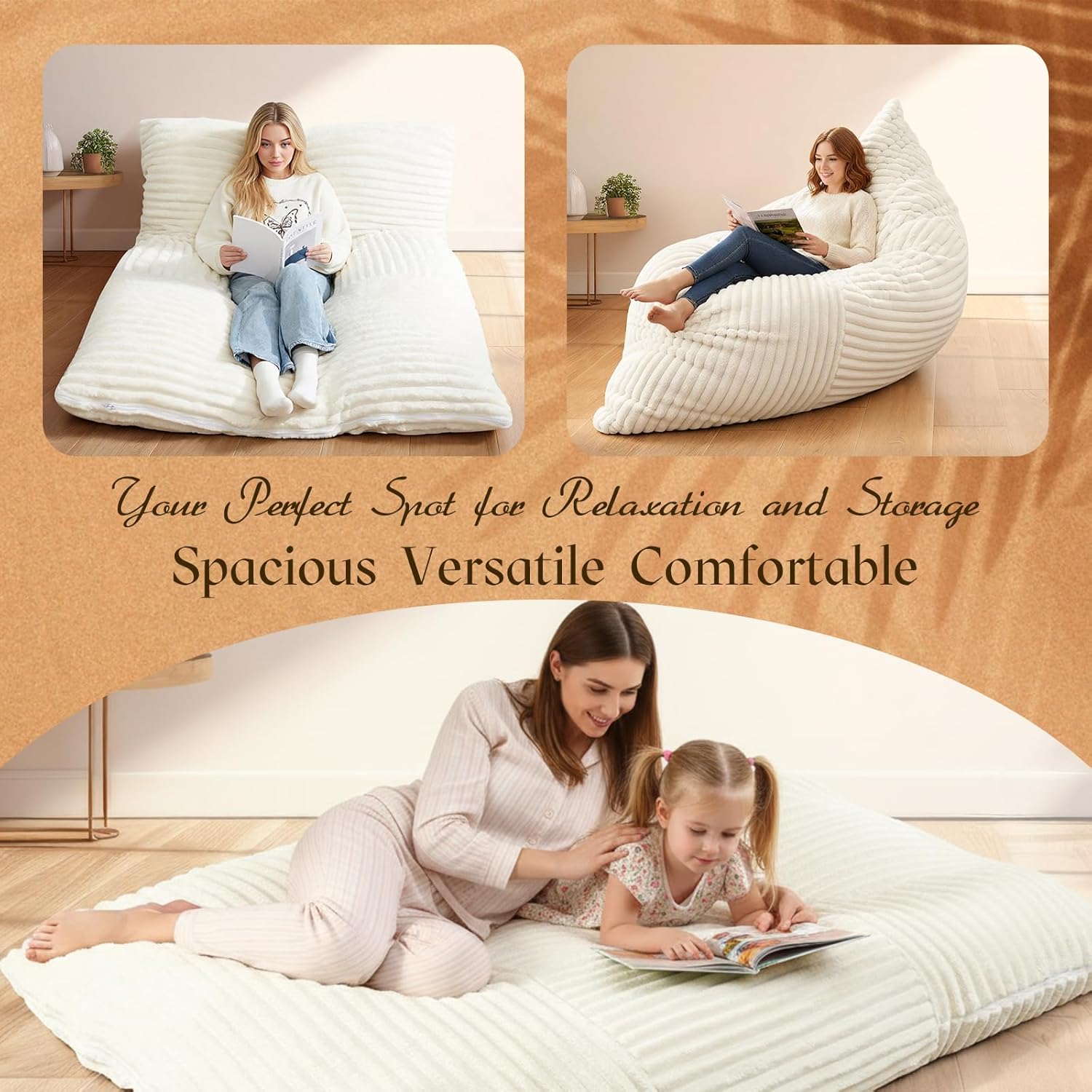 Honeydak 3 in 1 Giant Bean Bag Cover Only(No Filler) Rectangle Stuffed Animal Storage Bean Bag Chair Cover Soft Washable Large Storage Beanbag Adult Plush Toy Clothe Pillow(Creamy White,Rabbit Fur)