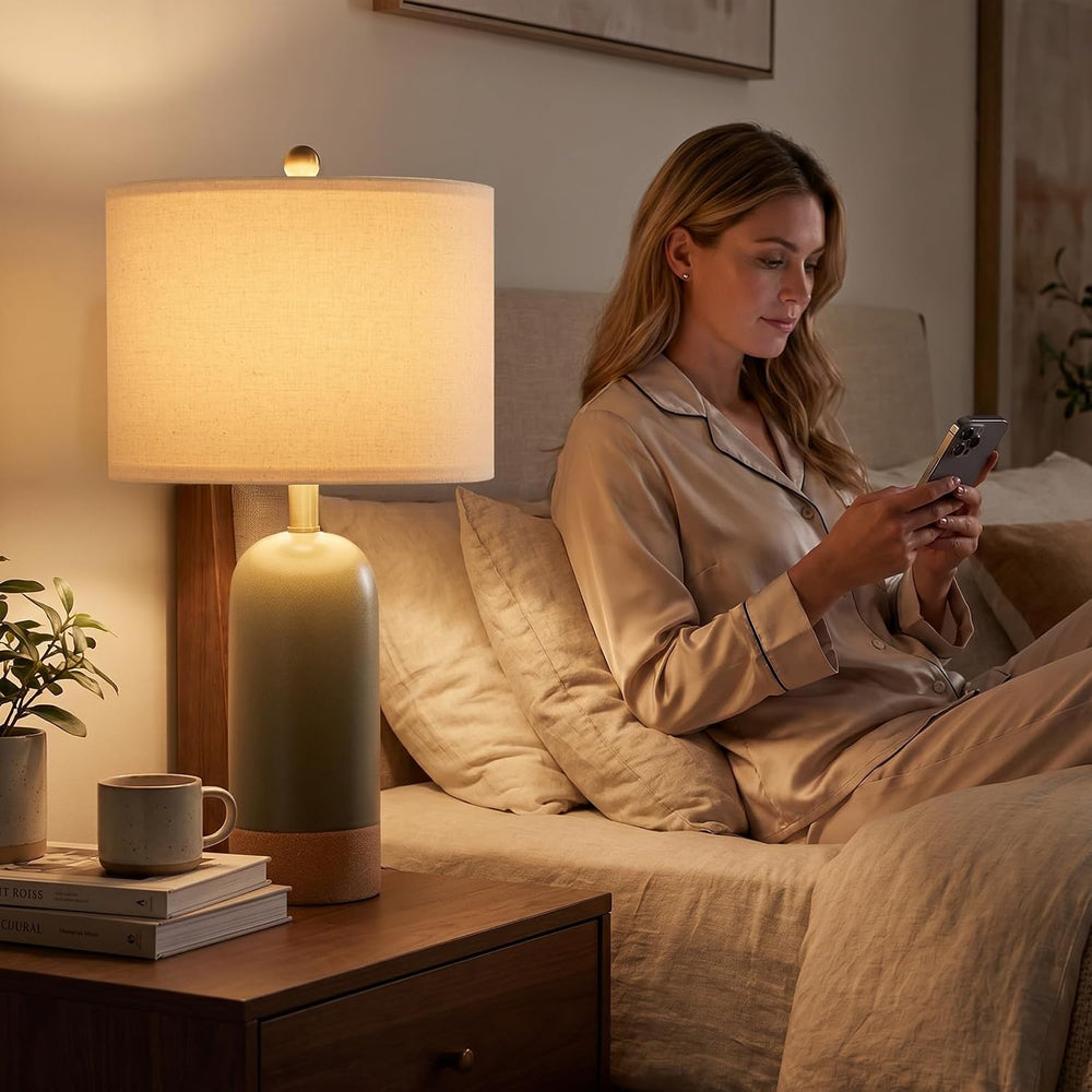 PoKat 24'' Hand-Textured Green Table Lamps, Farmhouse Bedside Lamp Se...