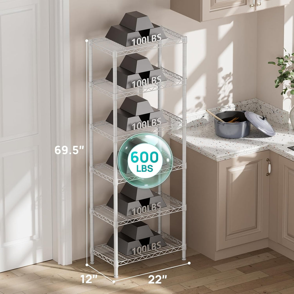 SINGAYE 6 Tier Shelf Adjustable Storage Wire Shelving Unit Metal Shelves Standing Closet Bathroom Organizers Pantry Kitchen Garage Laundry Room Organization Home Rack 12" D X 22" W X 69.5" H White