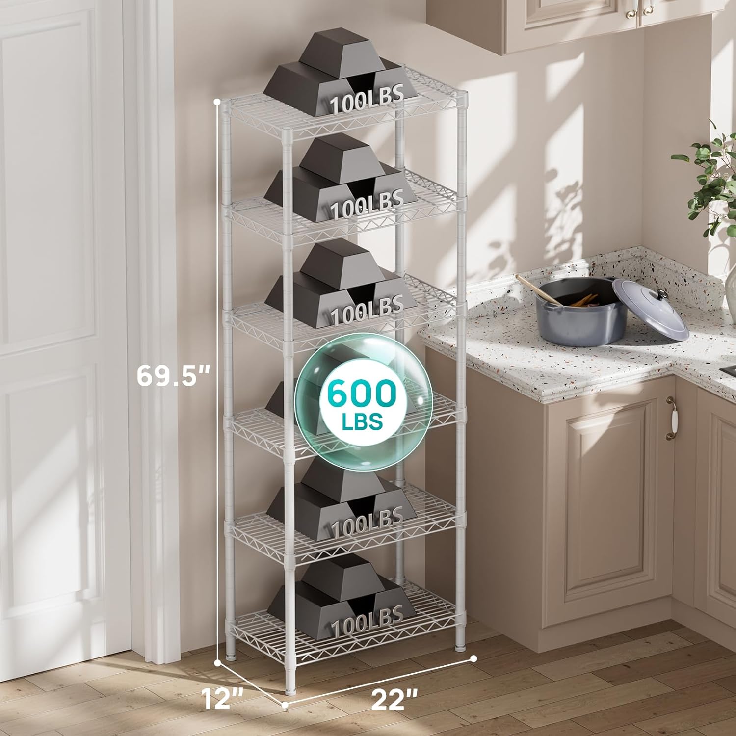 SINGAYE 6 Tier Shelf Adjustable Storage Wire Shelving Unit Metal Shelves Standing Closet Bathroom Organizers Pantry Kitchen Garage Laundry Room Organization Home Rack 12" D X 22" W X 69.5" H White