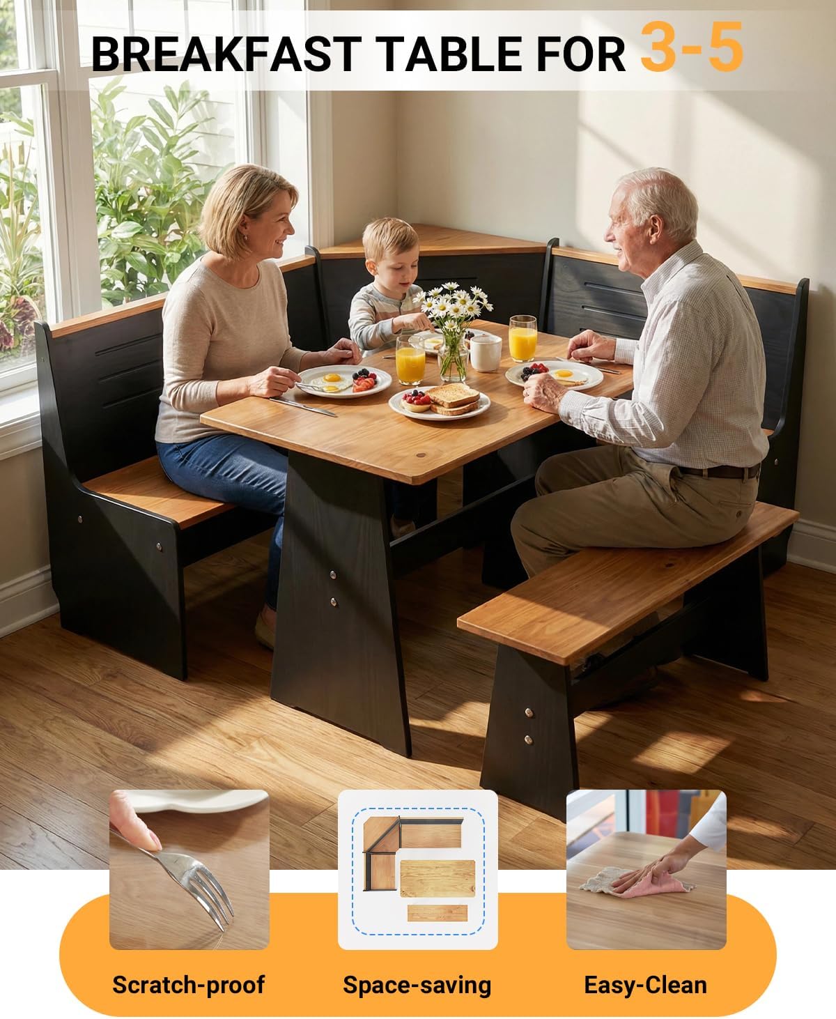 Breakfast Nook Table Set - Reinforced Packaging - Corner Kitchen Dining Table Set for 4-6 People, Solid Pine Wood with L-Shaped Bench Modern Farmhouse Dining Room Set, Coal Black