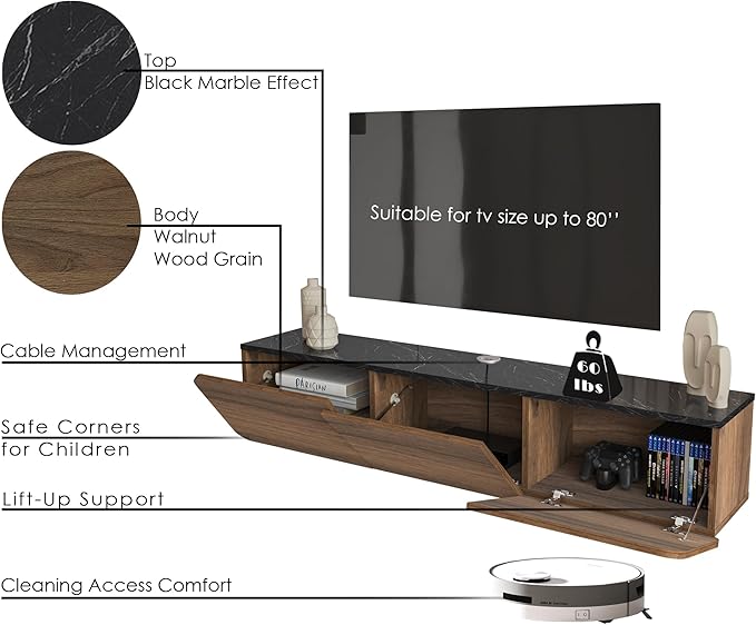 Atelier Mobili Floating TV Stand Wall Mounted - Modern Media Console for 65-80 inch TVs Walnut/Black Marble