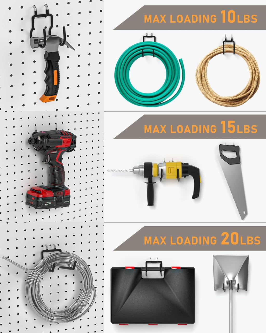 INCLY 36 Pack Heavy Duty Pegboard Hooks, 1/4" Pegboard Drill Holder Tool Utility Hooks, Peg Board Tool Hangers Accessories for Hanging Power Tools, Drill, Hammer, Workbench, Garage