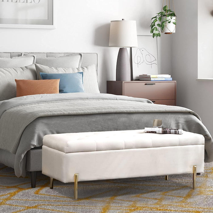 Ottoman with Storage Bech, Foot Rest Stool, 45.6 Inch Velvet Upholstered Storage Bench Tufted Settee, Folding Pouf Accent Ottoman, End of Bed Bench with Soft for Living Room Entryway Bedroom, White