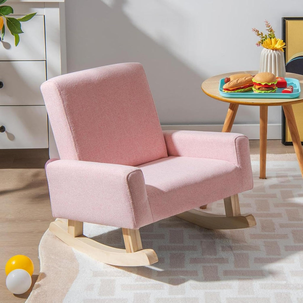 GLACER Toddler Rocking Chair, Fabric Kids Rocker w/Solid Wooden Frame & Non-Slip Mat, Anti-Tipping Design, Comfy Indoor Sofa for Living Room, Playroom, Bedroom (Pink)