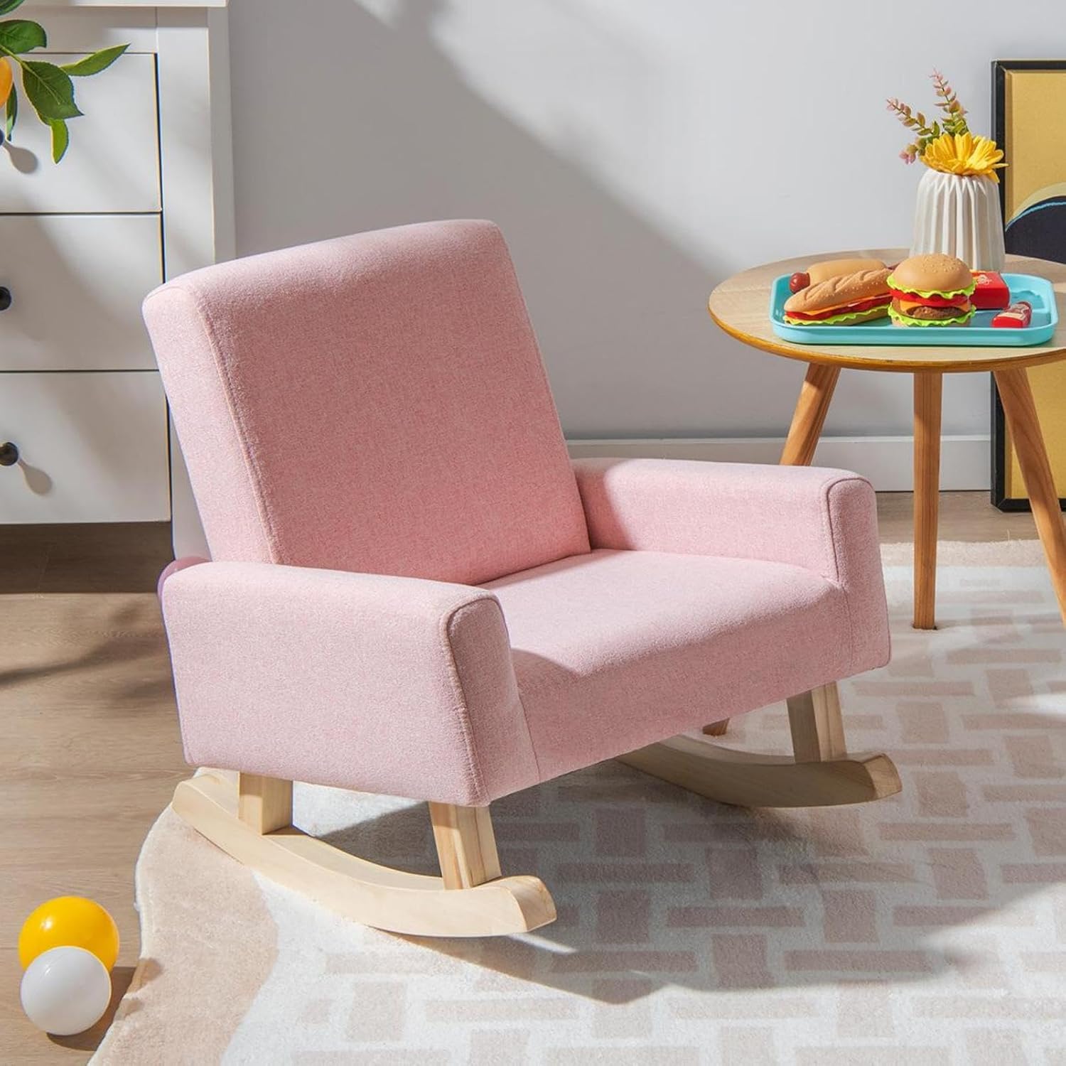 GLACER Toddler Rocking Chair, Fabric Kids Rocker w/Solid Wooden Frame & Non-Slip Mat, Anti-Tipping Design, Comfy Indoor Sofa for Living Room, Playroom, Bedroom (Pink)