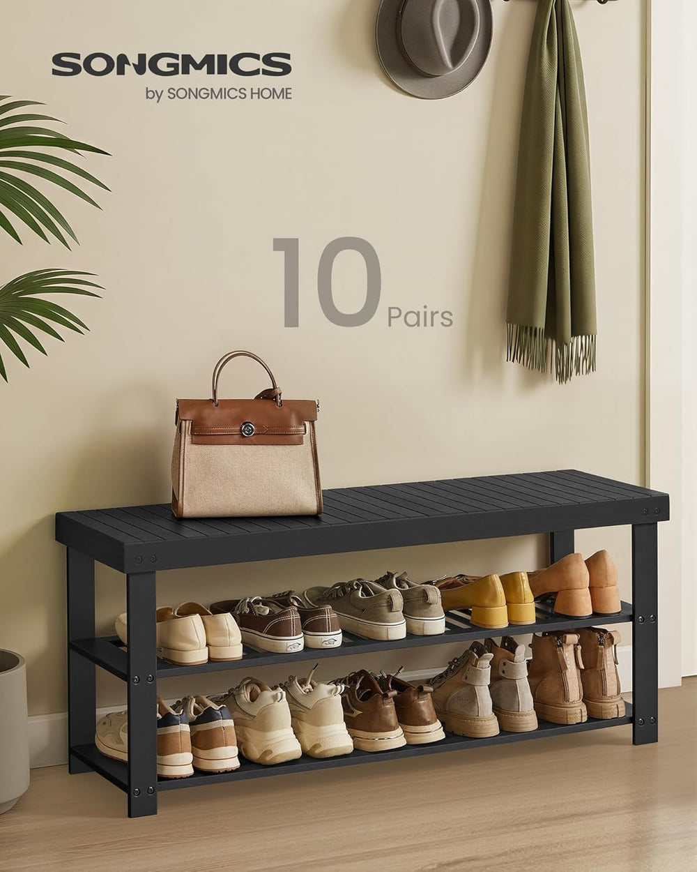 SONGMICS Shoe Rack Bench, 3-Tier Bamboo Shoe Storage Organizer, Entryway Benc...
