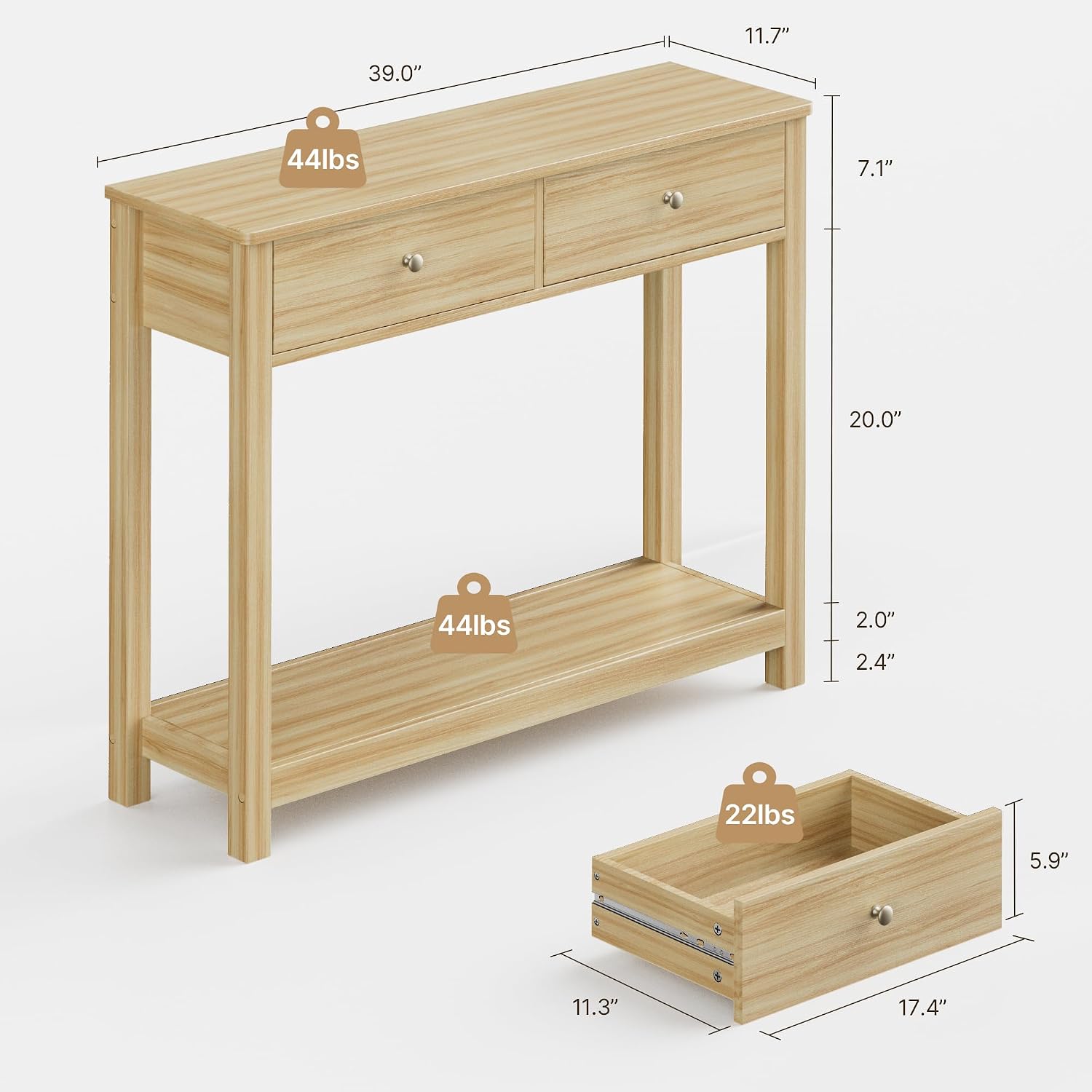Gizoon 2 Drawer Console Table, Oak Color | 2-Tier Wood Entryway Table with Storage Shelves, 39" W Wood Accent Sofa Table for Front Hall, Hallway, Living Room