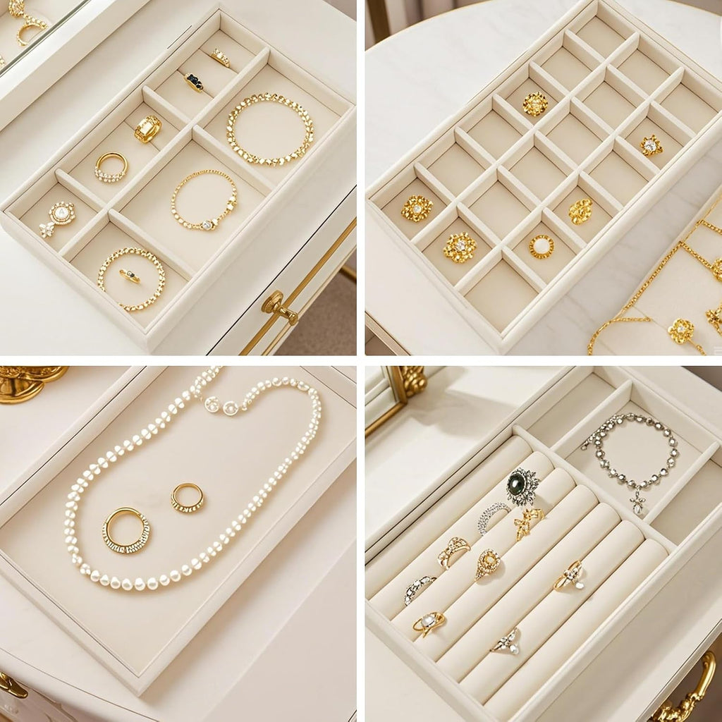 8 Pack Jewelry Organizer for Drawer, Necklace Velvet Storage Display Tray, Stackable Insert Divided Holder for Bracelet Rings Earring Brooch Watch, Beige 4 Styles