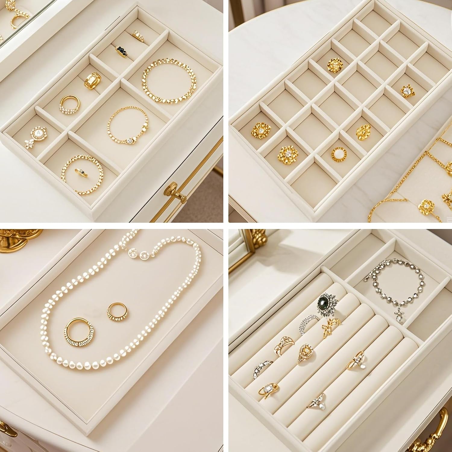 8 Pack Jewelry Organizer for Drawer, Necklace Velvet Storage Display Tray, Stackable Insert Divided Holder for Bracelet Rings Earring Brooch Watch, Beige 4 Styles
