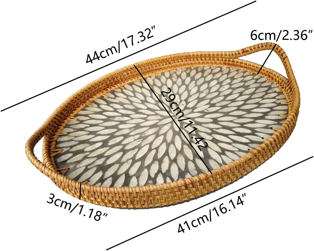 I-LAN 15 Inch Oval Rattan Woven Tray Basket with Beige MOP Wooden Base and Ha...