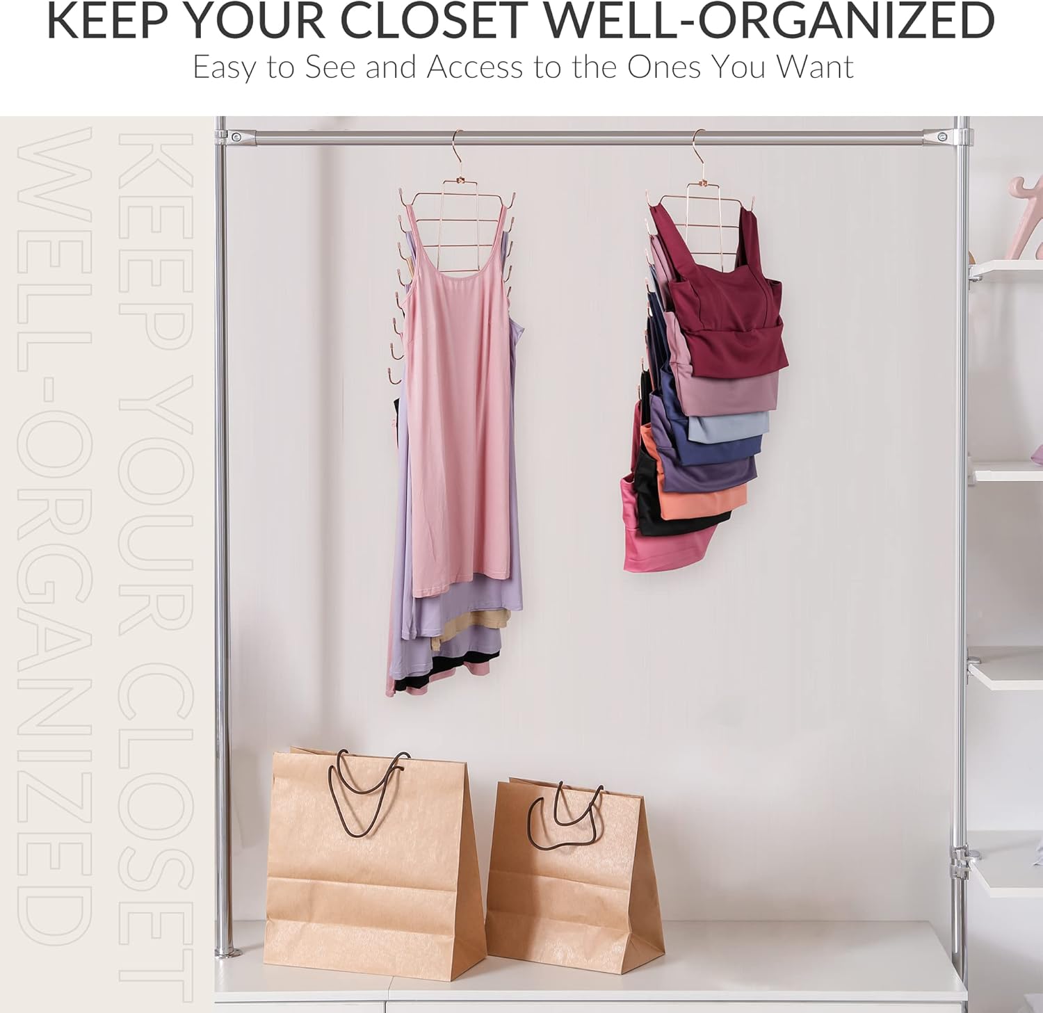 ZEDODIER Tank Top Hanger Space Saving, Bra Hangers for Closet Organizer, Hanging Bra Organizer Tank Tops Holder with 8 Hooks, Closet Organizers and Storage Small Space Solutions, Rose Gold