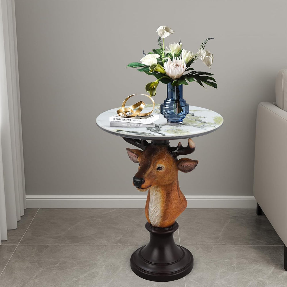 Deer Head Accent Table with Resin Animal Statue, Round Faux Marble End Tables...