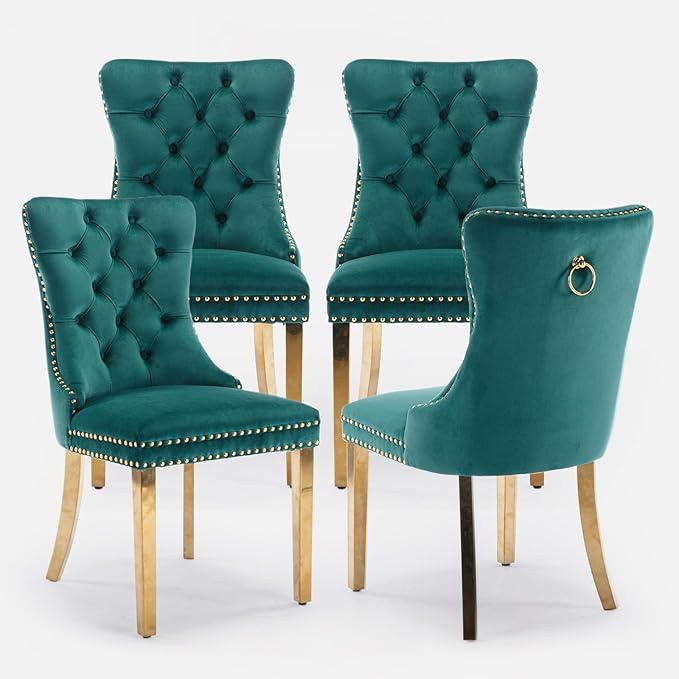 Velvet Upholstered Dining Chairs Set of 4, Modern Style Kitchen Side Chairs w...