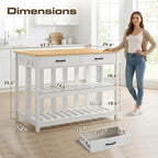 Grepatio Kitchen Island with Power Outlets, 47 Inches Width Kitchen Shelf with Large Worktop, Wooden Island Counter with Shelves, 2 Drawers, and 4 Hooks for Living Room, White and Natural
