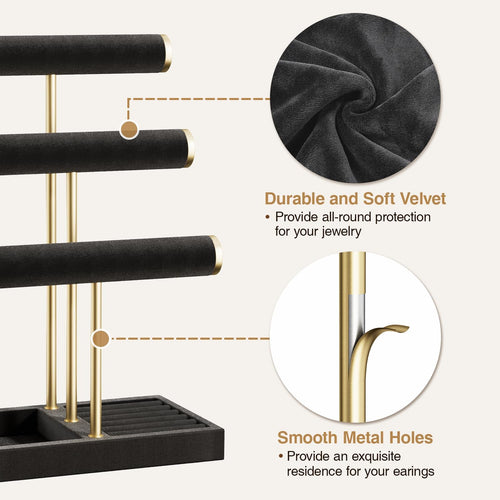 3 Tier Bracelet Holder Display - Detachable T Bar Black Velvet Bracelet Holder, Jewelry Holder Organizer for Bracelet, Necklace, Watches, Rings