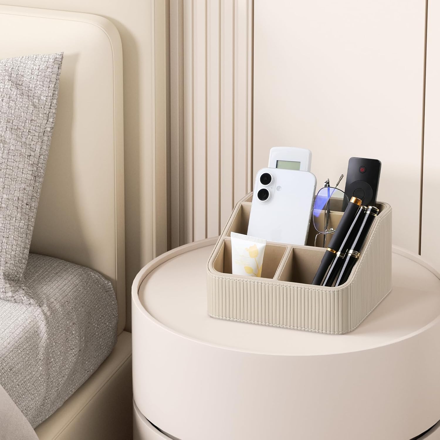 Remote Control Holder with 4 Compartments, PU Leather Small Nightstand Organizer for Home Desk Accessories Office Supplies, Multifunctional Stylish Small Bedside Desktop Organizers (Beige)