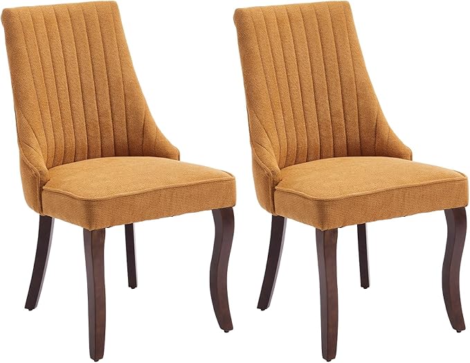 Dining Chairs Set of 2，Linen Channel Tufted Kitchen Dining Room Chair with Curved Solid Wood Legs, Comfortable Fabric Upholstered Dining Chair for Dining Room, (Gold, 2pc)