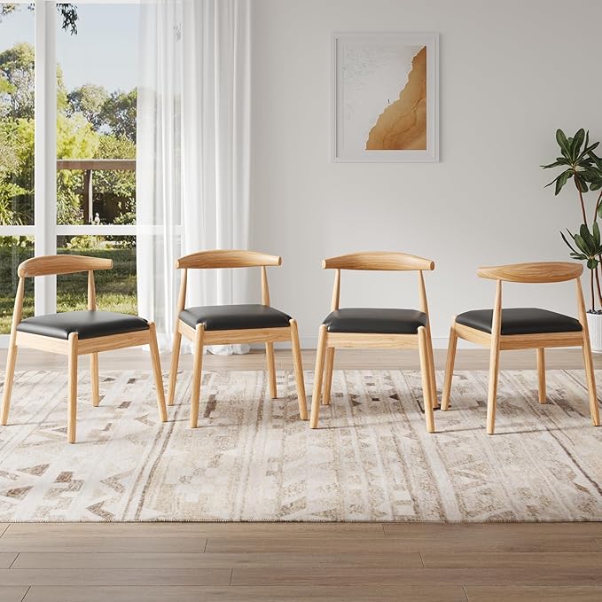 Farini Mid Century Modern Dining Chairs Set of 4, Solid Wood Frame Kitchen Chairs with PU Leather Upholstered Seat for Dining Room & Breakfast Nook,Natural-Black