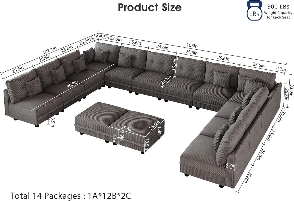 LLappuil Oversized Sectional Sofa Modular Cloud Couch with 14 Storage Seats & 12 Throw Pillows, Corduroy U Shaped Couches for Large Living Room, Rearrangable Sleeper Sofas, Scratch Resistant, Grey