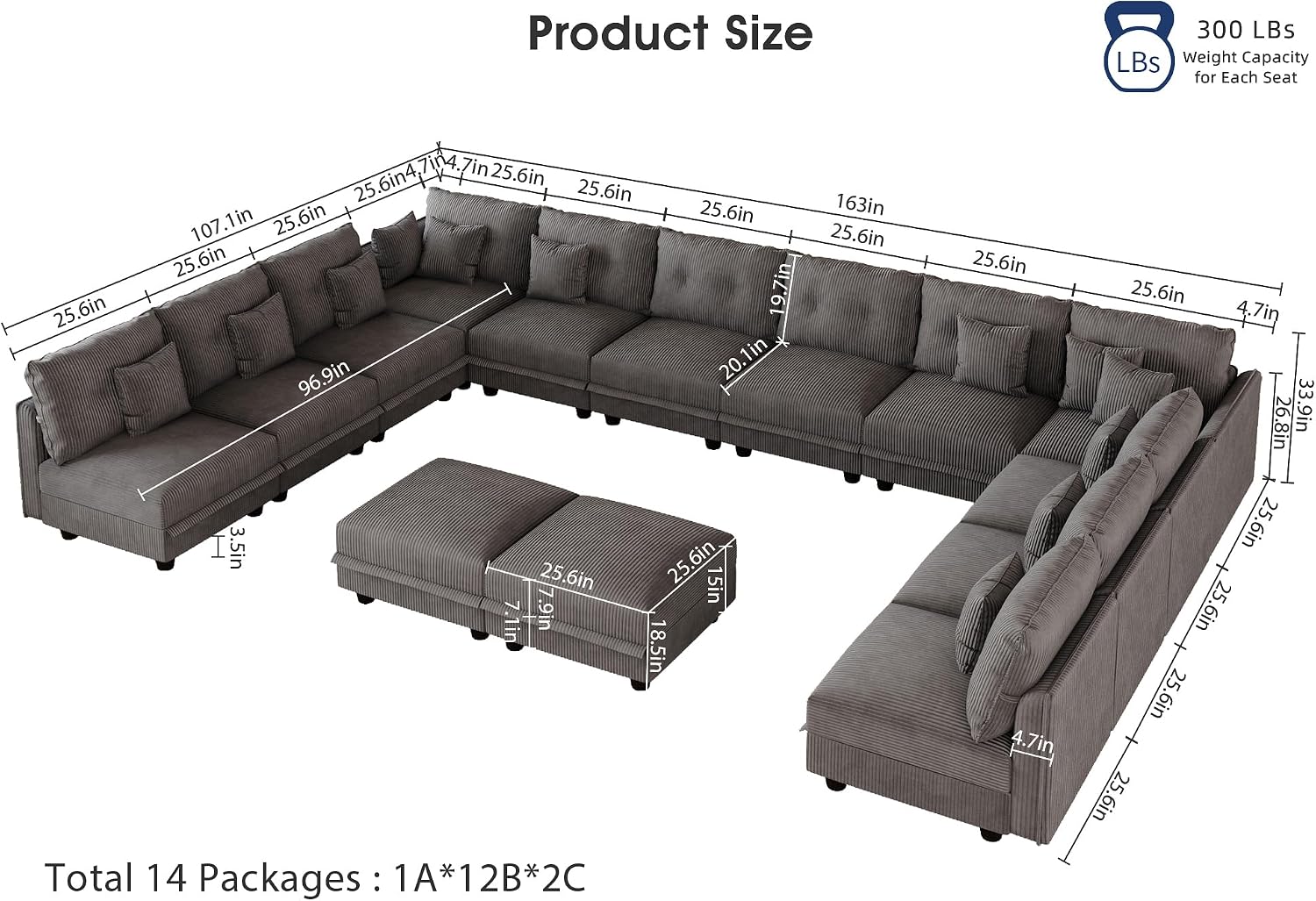 LLappuil Oversized Sectional Sofa Modular Cloud Couch with 14 Storage Seats & 12 Throw Pillows, Corduroy U Shaped Couches for Large Living Room, Rearrangable Sleeper Sofas, Scratch Resistant, Grey