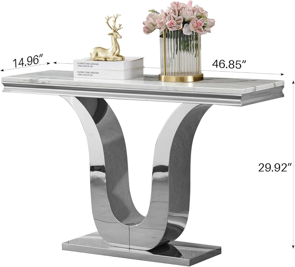 SSLine Modern White Faux Marble Console Table Luxury Entryway Table with Silv...