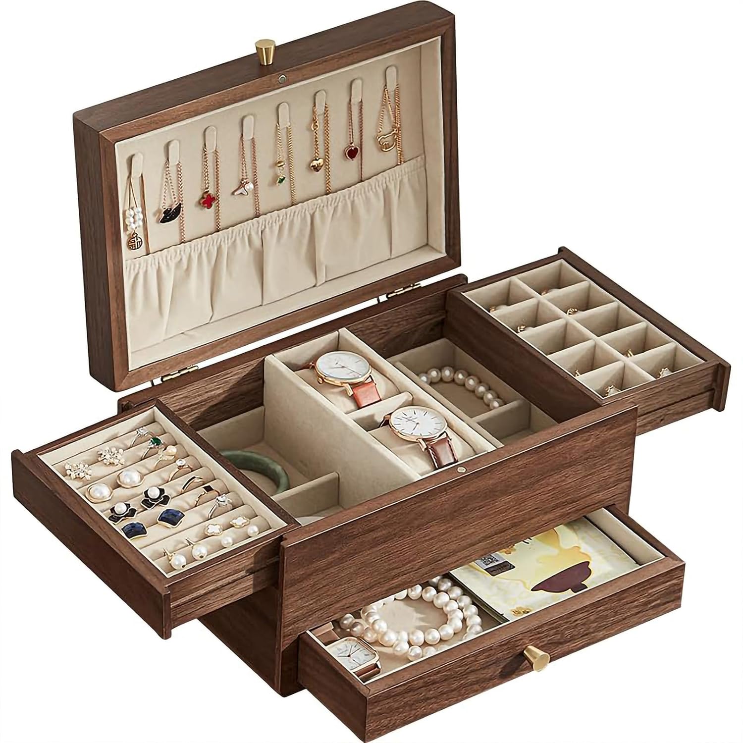 CHOSIN Black Walnut Wooden Jewelry Box for Women, 3 Level Multi-functional Drawer Organizer Box Watch Necklace Ring Earring Storage Christmas Gifts