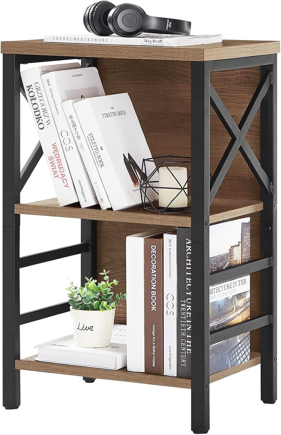 MNEETRUNG Small Bookshelf, 3 Tier Industrial Shelf with Metal Frame and Backb...