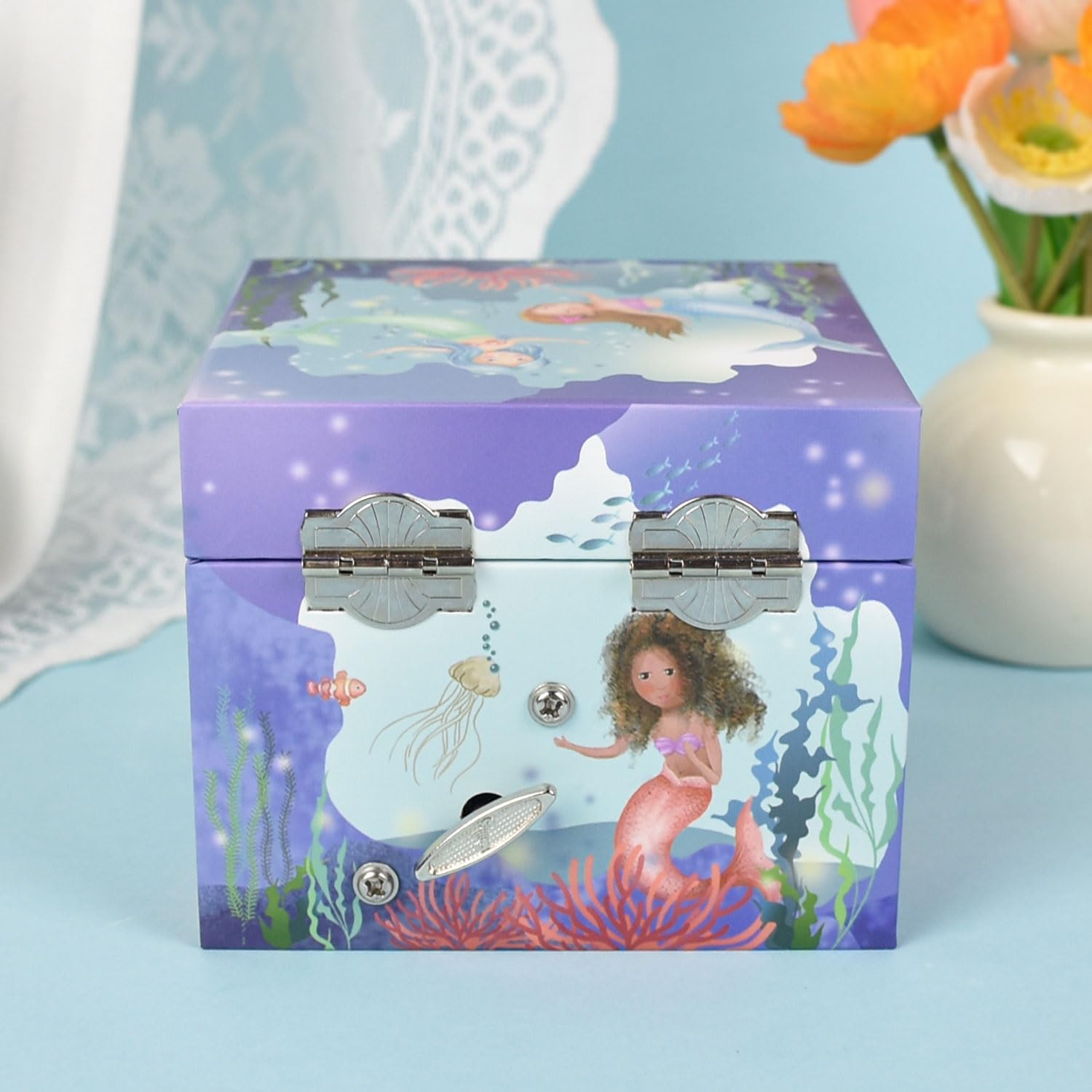 Mermaid Music Box for Girls - Little Mermaid Jewelry Box with Rotating Figurine, Storage Drawer, & Beautiful Dreamer Melody | Ocean Theme Design, 4.13x4.13x3.35 Inches | Musical Jewelry Box