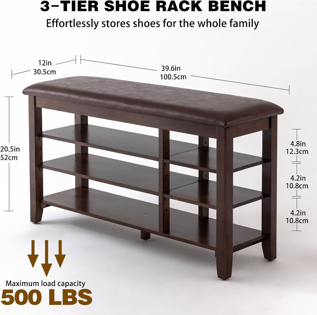 PY HOME & SPORTS Shoe Rack for Entryway 39.4": 3-Tier Shoe Storage Bench, Adjustable/Removable Shelves, Rubberwood Shoe Benches for Hallway, Porch, Bathroom, Brown