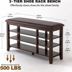 PY HOME & SPORTS Shoe Rack for Entryway 39.4": 3-Tier Shoe Storage Bench, Adjustable/Removable Shelves, Rubberwood Shoe Benches for Hallway, Porch, Bathroom, Brown