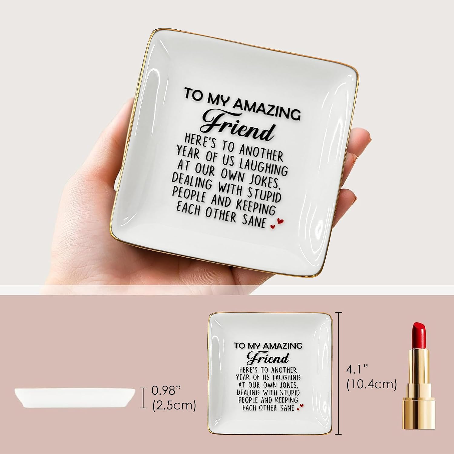 Funny Gift for Besties - Friendship Jewelry Dish for Women BFFs on Birthday Christmas, 4" Ceramic Ring Trinket Tray Here's Another Year - Unique Gift for Sisters Coworkers Classmates