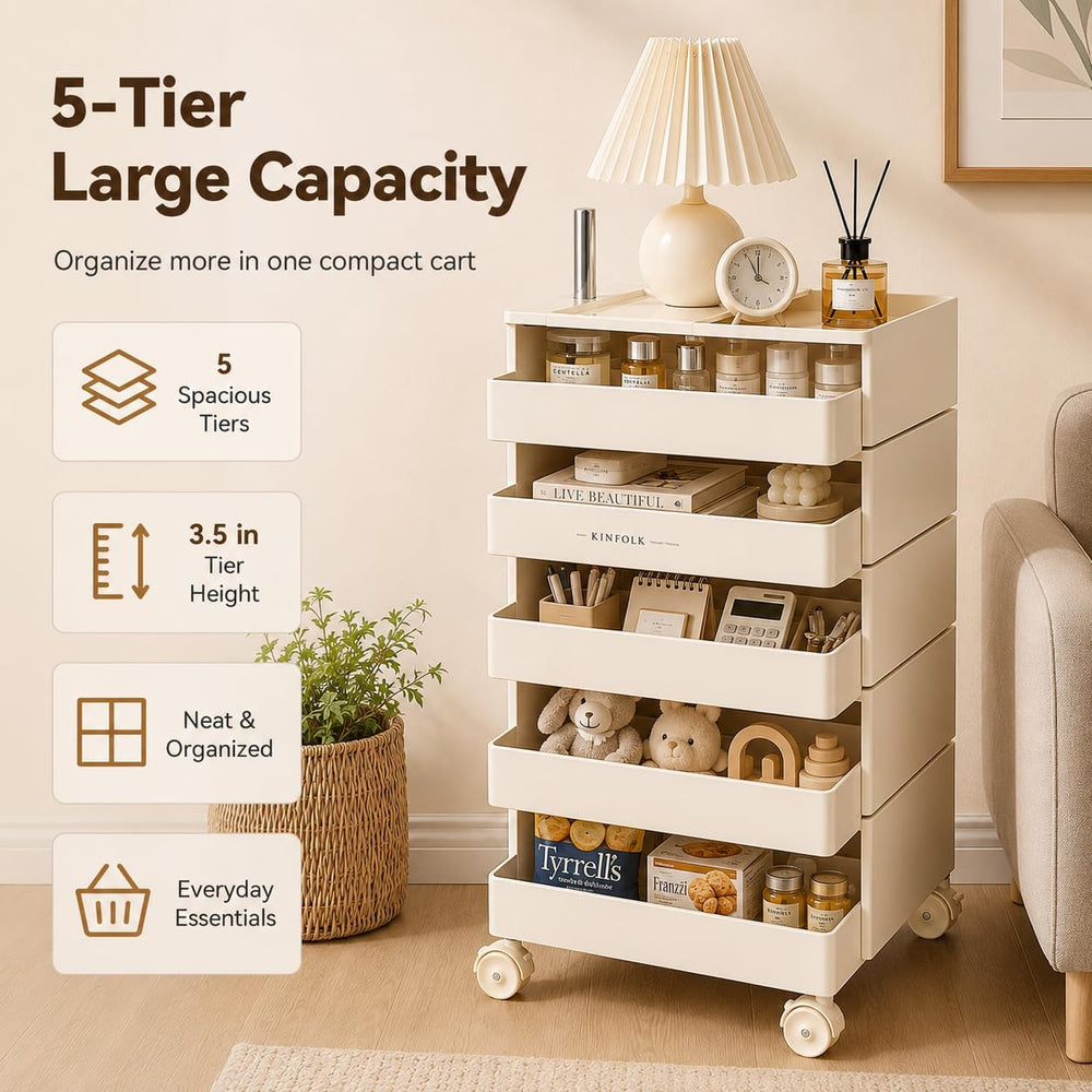 5-Tier Rotating Storage Cabinet with Wheels, 360° Swivel Rolling Organizer Ca...