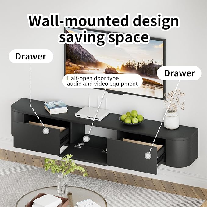 SHGJ&SOFT Floating TV Stand Wall Mounted Media Console with Door Entertainment Centerwith Storage Cabinets, Wall Mounted TV Shelf for Bedroom,Living Room (Black, 63IN)