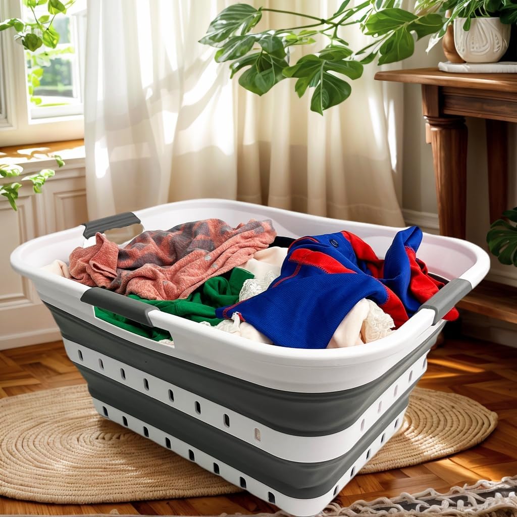SAMMART 42L (11 gallon) Collapsible Plastic Laundry Basket - Foldable Pop Up Storage Container/Organizer - Space Saving Hamper/Basket (1, White/Steel Gray)