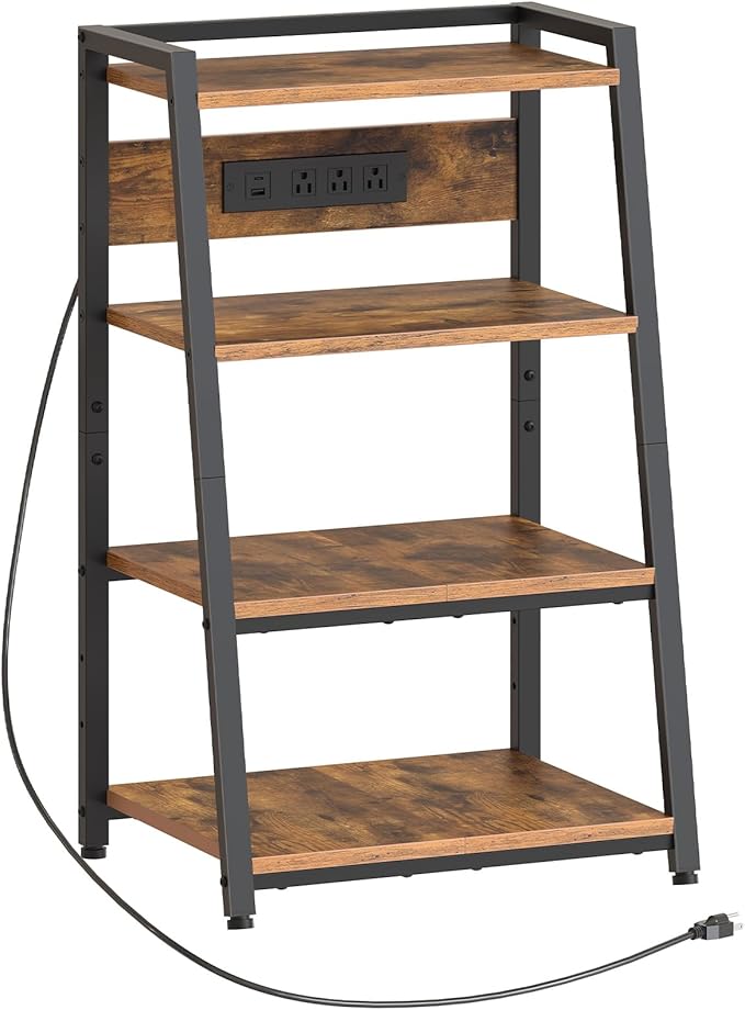 HOOBRO 4-Tier AV Media Stand with Charging Station and LED Light, Wooden Stereo Cabinet, Audio Tower Rack, Corner TV Stand, Record Player, Entertainment Device, Rustic Brown and Black BF106UDCJ01