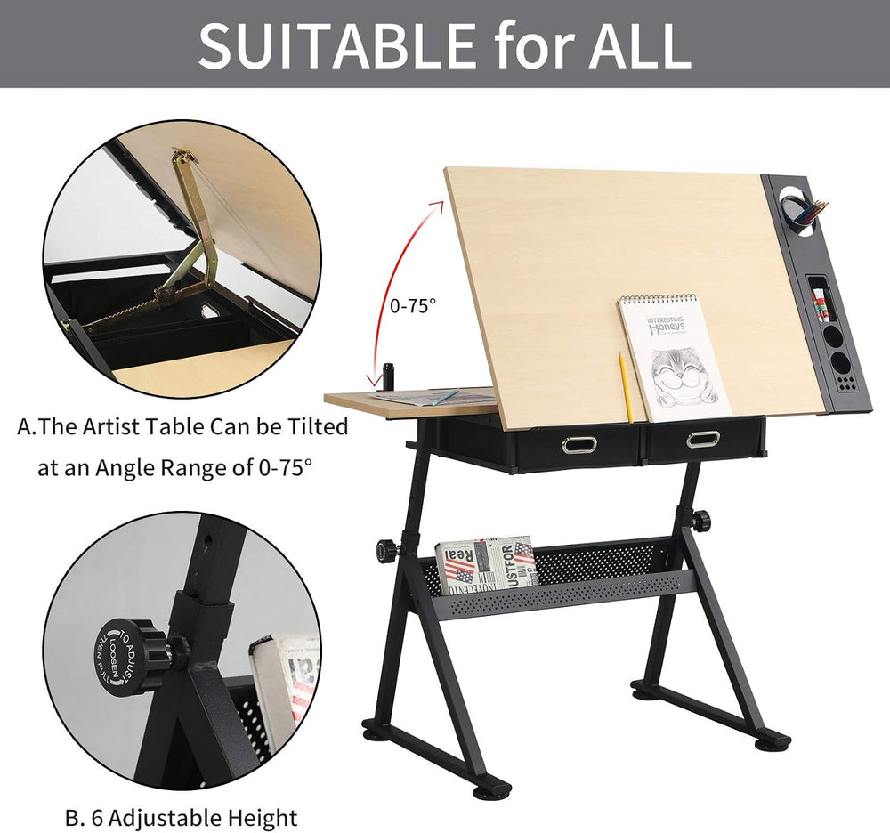 Height Adjustable Multifunctional Wooden Drafting Drawing Table, Art Artist D...